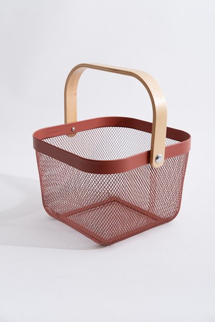Multi-Purpose Metal Organizing Storage Basket with Wooden Handle, Burgundy