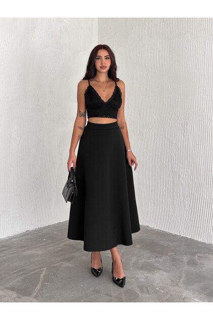 Scuba Straight Black Maxi-Length / Long Patterned Skirt / High Waist Long Skirt