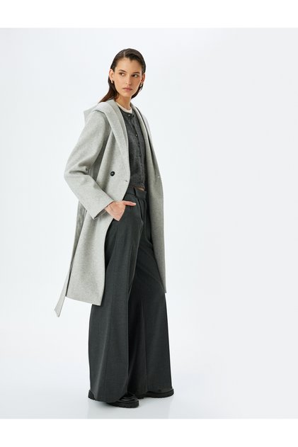 Double Breasted Long Hooded Cashmere Coat with Pockets and Belt