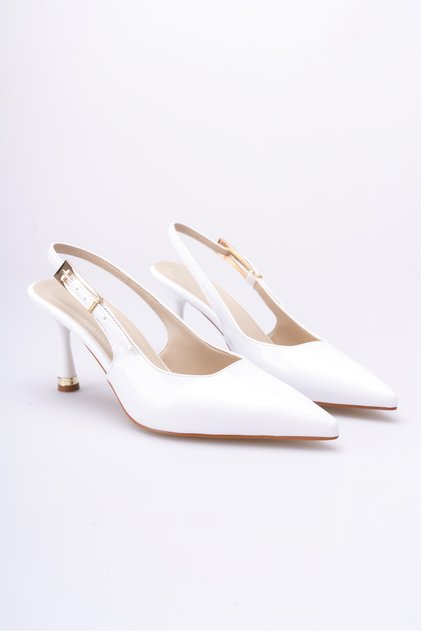Nita White Patent Leather Side Buckle (8 cm) Pointed Toe Heeled Shoes