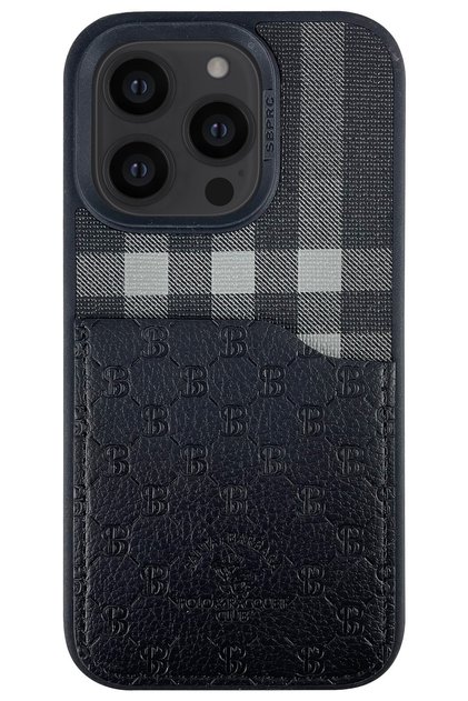 Apple iPhone 14 Pro Plaid Series Fabric Embroidered Leather Card Holder Case - Black