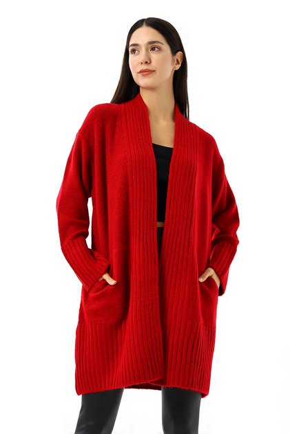 Roter Oversize-Cardigan für Damen mit weicher Textur und Taschen