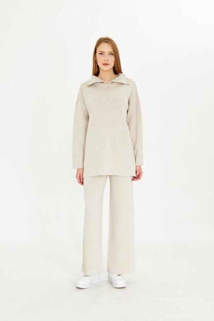 Oversize Zippered Knitwear Top and Bottom Set 1805 Stone