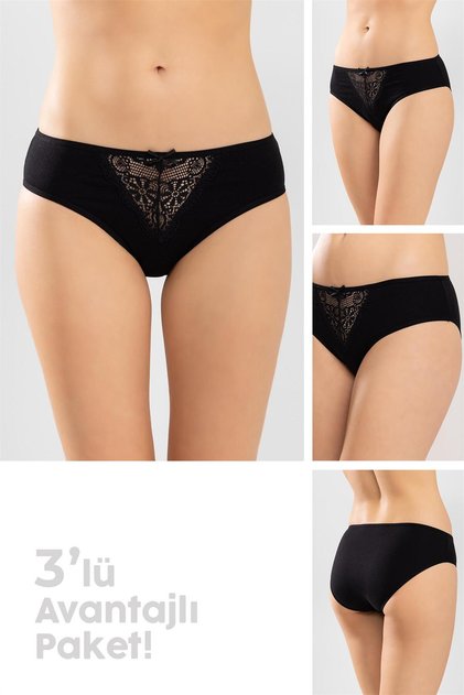 Women's White Lace Front Cotton Classic Women's Panties 3 Pack 8251 Black