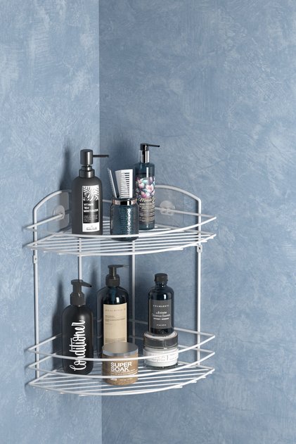 Teknotel Banyo Düzenleyici Şampuanlık Sabunluk 2 Katlı Yapışkanlı Banyo Duş Rafı Beyaz ST032