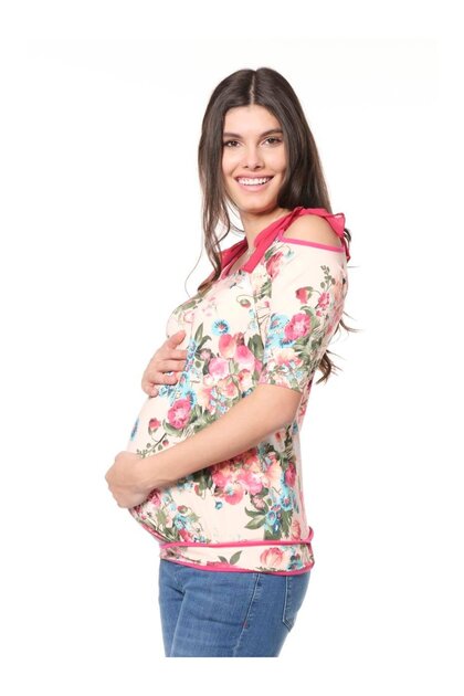 Maternity Floral Print Halter Neck Short Sleeve Blouse Pink