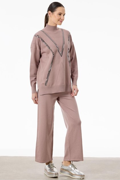 Pudra Colored Knitwear Set - Stripe Sequin Detailed Trousers