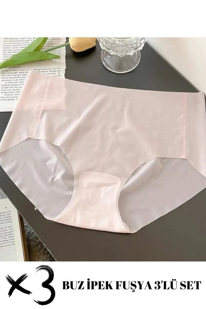 Set of 3 Ice Silk Non-Marking Seamless Ghost Thin Laser Cut Micro Transparent High Waist Panties Fuchsia