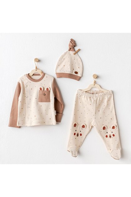 Andywawa Ac25025 Adventurous Bear 3-Piece Baby Bodysuit Set Beige