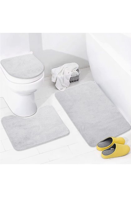 Unicolor Plain Gray 3-Piece Bath Mat Rug Set Non-Slip Toilet Seat Set