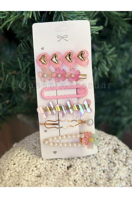 Luxury Metal 6-Piece Set with Stones, Flowers, Hearts, Mother-Of-Pearl, Butterfly, Women's and Children's Side Clasp Set, Pink