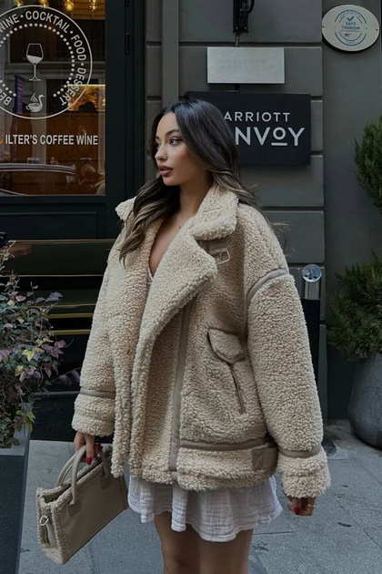 Kruvaze Yaka ZR Model Premium Biyeli Cepli Peluş Mont