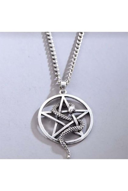 Yılan Detaylı Pentagram Kolye