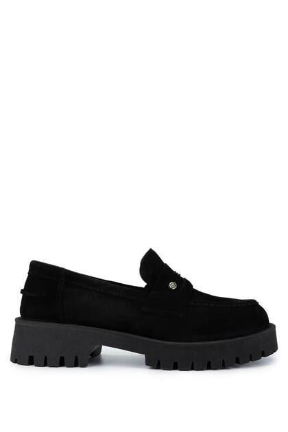 Women's Genuine Leather Black Suede Loafer Shoes