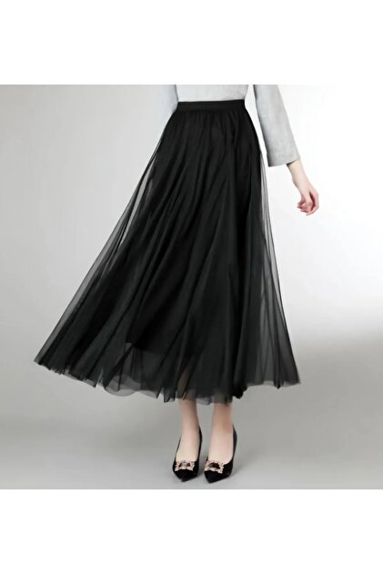 Women's Black 3 Layer Midi Tulle Skirt Casual High Waist Ankle Length Long Hijab Tulle Skirt