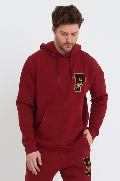 Men's Thick 3 Thread Hooded Winter Basic Burgundy Oversize Sweatshirt