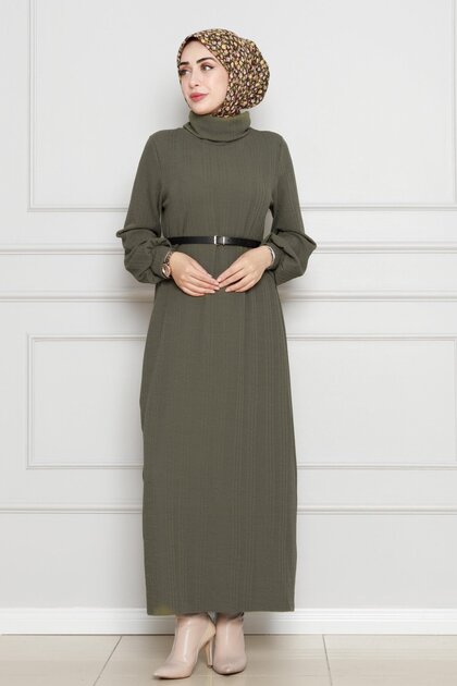 Turtleneck Belted Dress-Khaki