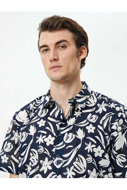 Summer Shirt Short Sleeve Floral Print Classic Collar Button down