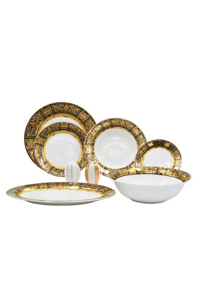 Verna Bone China Porselen Gold&Siyah Desen Detaylı Klasik Yemek Takımı 67 parça