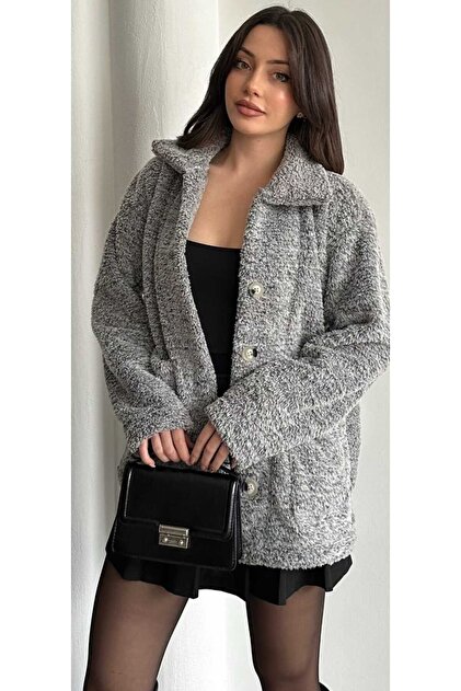 Gray Unlined Oversize Pocket Button Closure Plush Cardigan Women