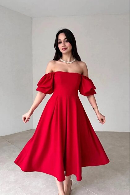 Women's Red Square Neck Balloon Sleeve Ruffled Lined Midi Length Dress