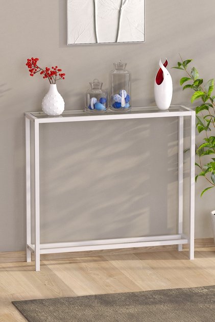 Modern Beyaz Renk Metal İskeletli Temper Camlı Raflı Dresuar Konsol