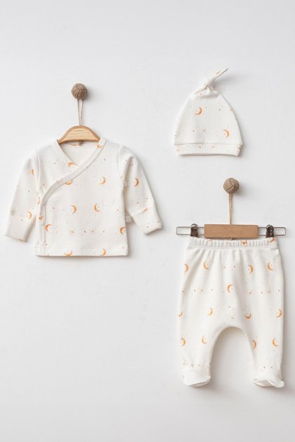 Newborn bib set - crescent print ecru newborn bib - double breasted set