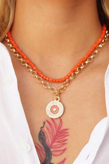 Zodiac Medallion Pendant Orange Double Necklace