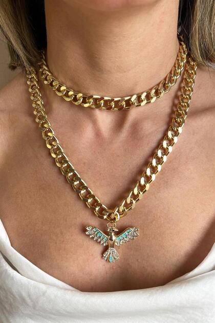 Turquoise Phoenix Detailed Chain Necklace