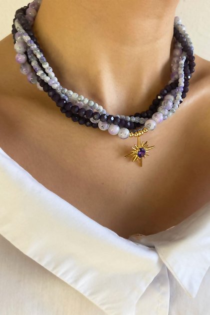 Crystal Glass Bead Coiled Necklace with Polar Star End - Purple