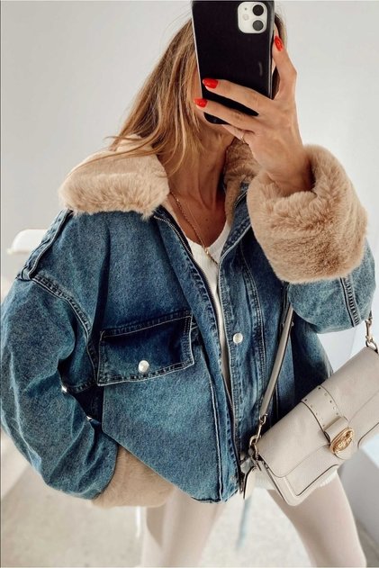 Sagi Jeans - Kadın Kürklü Denim Kadın Mont Peluş Kot Mont