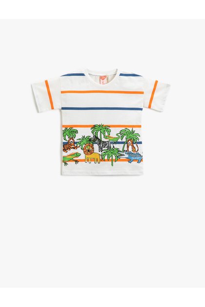 Animal Printed Striped Short Sleeve T-Shirt Cotton