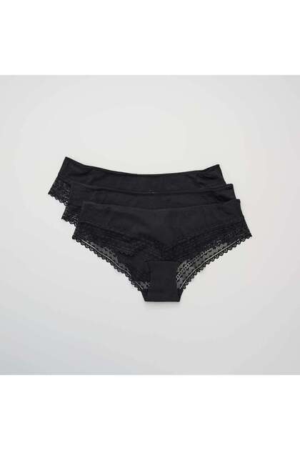 Pack of 3 cotton and lace boy shorts BLACK