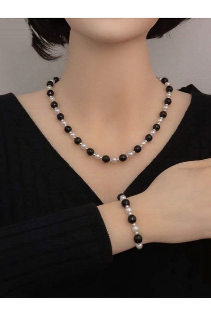 Beyaz Siyah Gümüş İnci Boncuklu Kolye Bileklik Seti