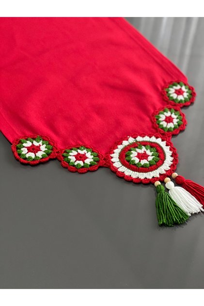 Runner Tablecloth Duck Linen Stain Resistant Fabric with Tassels Red Green 40X100 cm