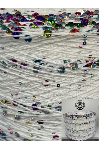 Bag String / Knitting String Viscose Cotton 3mm+ 6mm Large Sequin Color White Rainbow Sequin Visual Net 200 Gr