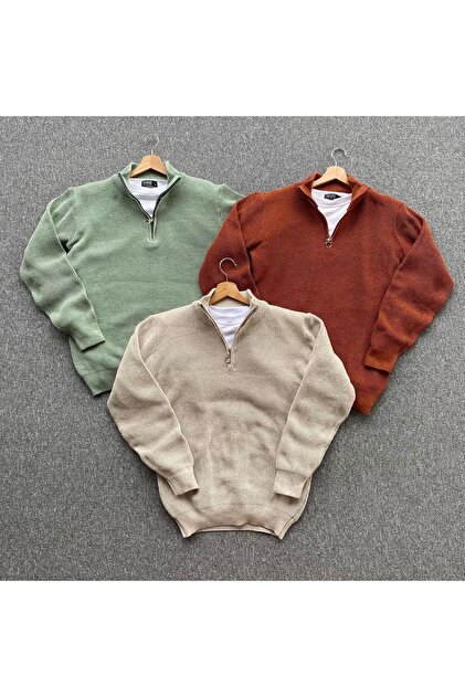 Pack of 3 Half Zip Tile Mint Beige Knitwear Sweater