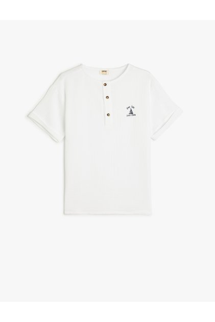 Muslin T-Shirt Short Sleeve Round Neck Button Detail Cotton
