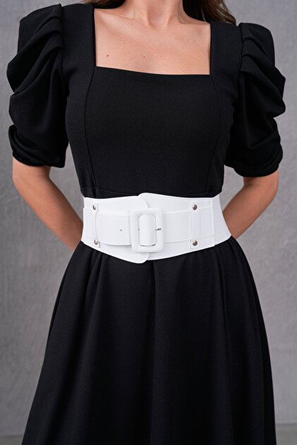 Women's Flexible Rubber Detail Waist Corsage Large Buckle Faux Leather White Belt 1743
