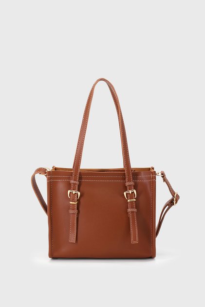 Women's Tan Faux Leather Mini Tote Bag with Stitching Detail
