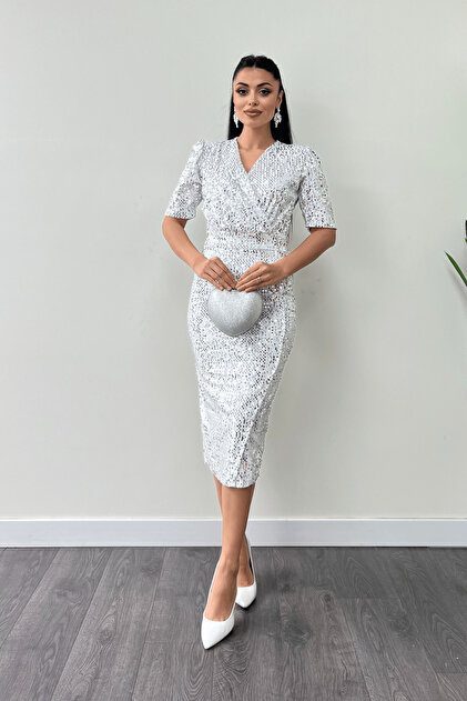 Rochie sacou din catifea cu paiete - alb