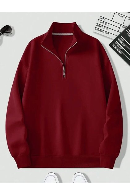 bordo dik yakalı fermuarlı oversize unisex sweatshirt