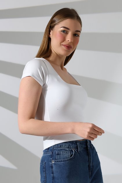 Square Collar Lycra Rib Fabric Women's T-Shirt 21804 White