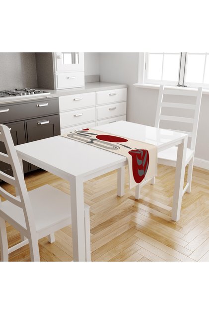 Bohemian Boho Themed Red Cream Gray Color Digital Printed Gift Runner Tablecloth 45X100Cm