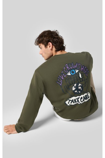 Eco Future Crewneck Sweatshirt Organik Pamuk Yeşil Erkek Sweatshirt-220427-GS508