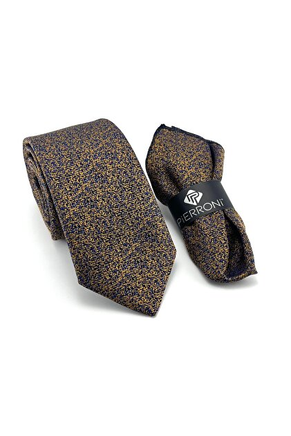 Gold Navy Blue Patterned Handkerchief Tie