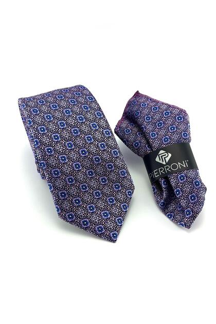Lilac Cobalt Blue Patterned Handkerchief Tie