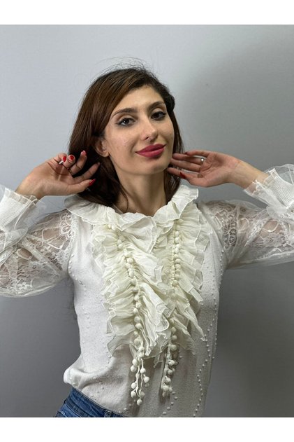 FIRFIRLI LASTİKLİ PONPONLU KADIN FULAR GİYİM AKSESUARI 160X18 CM Beyaz