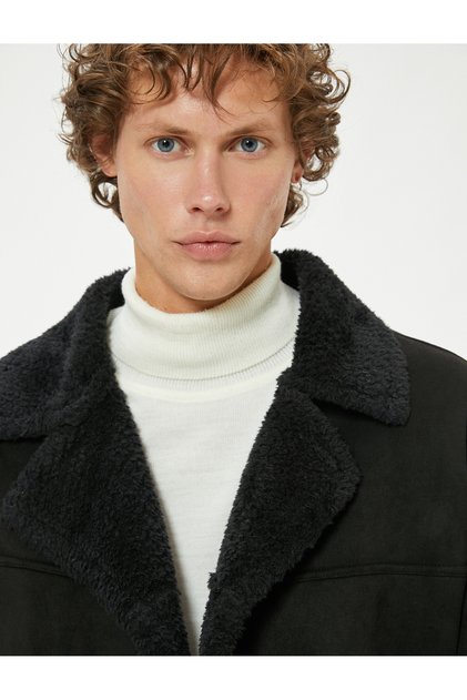 Slim Fit Coat Suede Look Plush Inside Buttoned