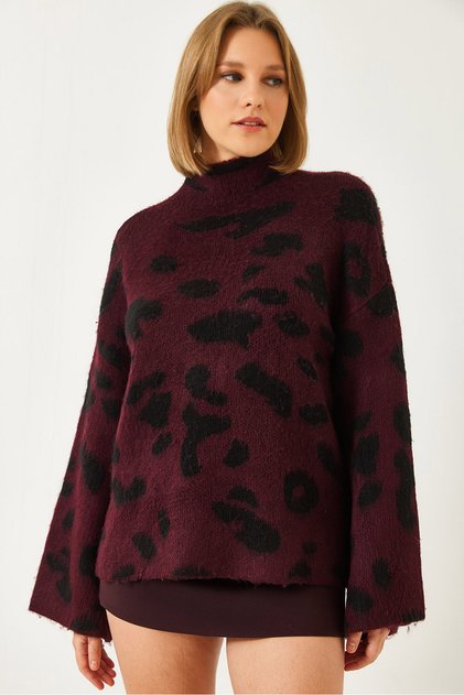 Women's Burgundy Half Turtleneck Patterned Knitwear Sweater 241188 60261035